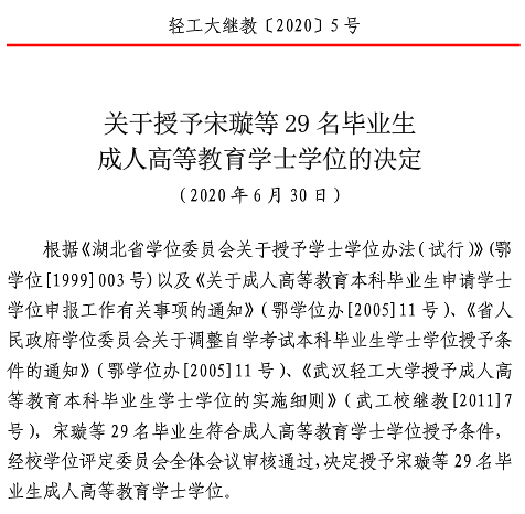 武汉轻工大学授予宋璇等毕业生成教学士学位的通知