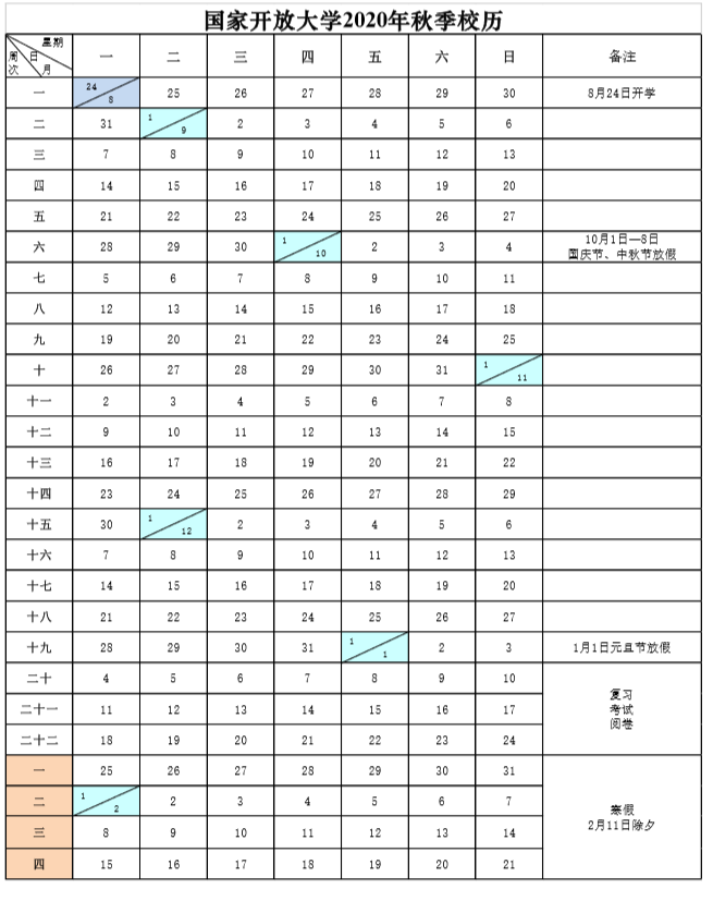 2020年国家开放大学秋季校历 2020年国家开放大学秋季校历