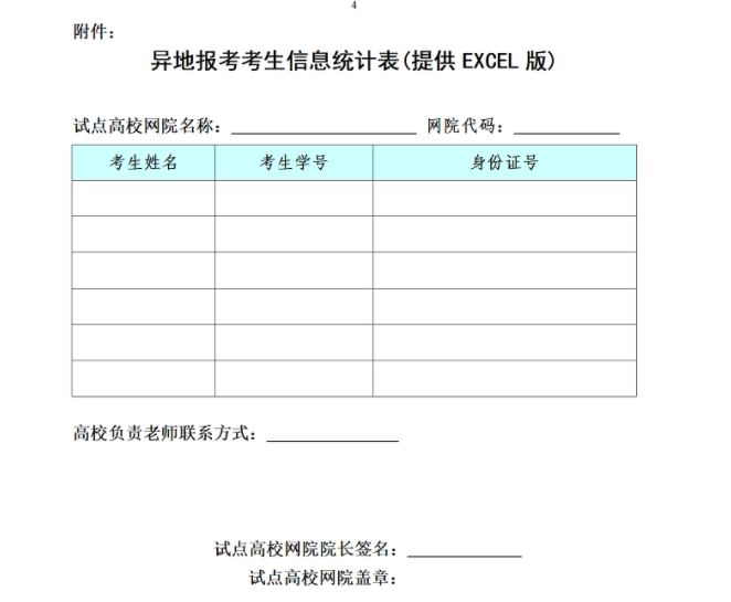 远程教育统考异地考生信息统计表