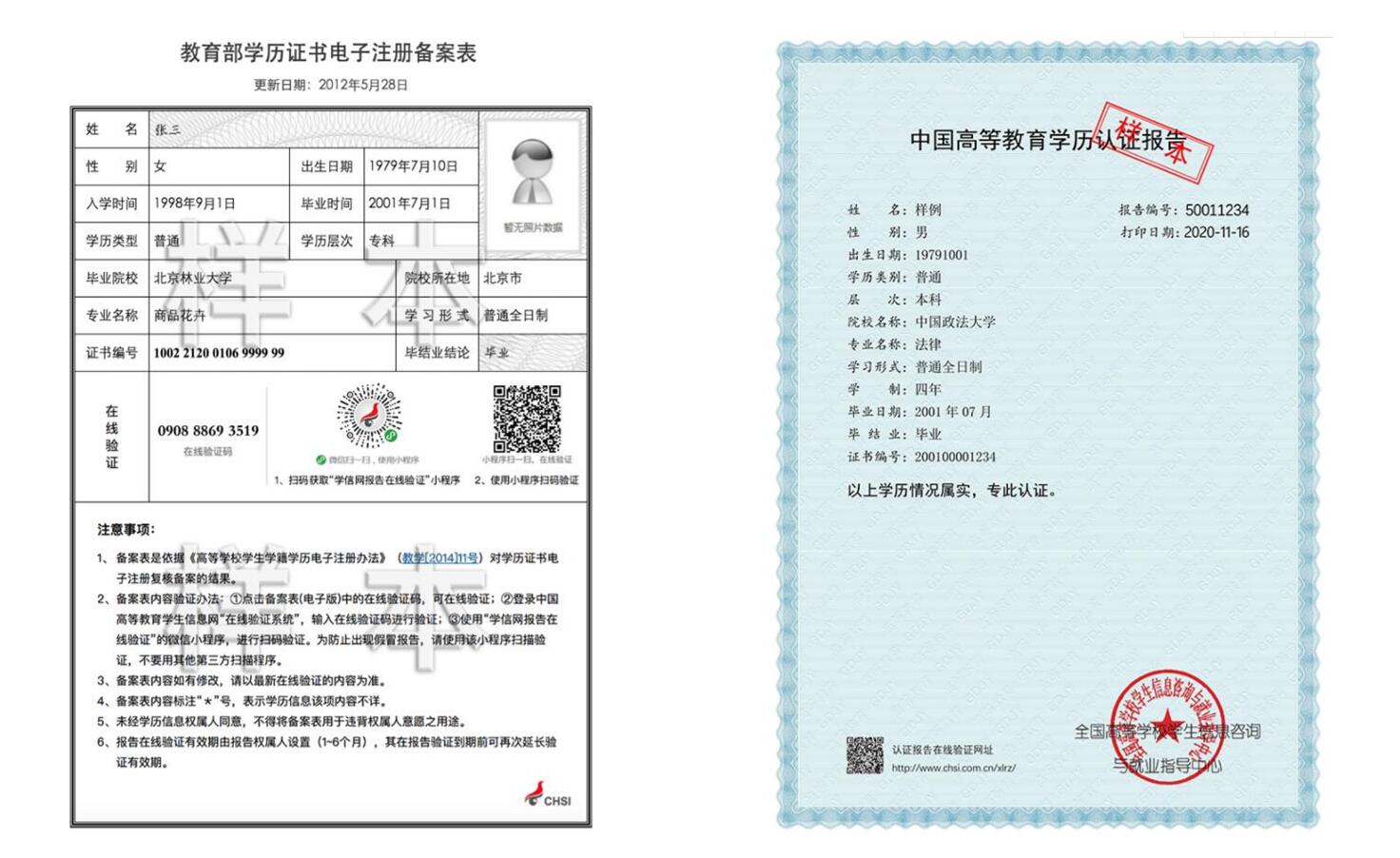 《教育部学历证书电子注册备案表》、《中国高等教育学历认证报告》样表